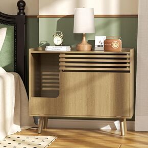 Cat Litter Box Enclosure,Mid-Century Modern Hidden Litter Box Furniture with Cat Scratch Pad,Flip-Down Opening Litter Box Cabinet Cat Washroom End Table,Brown