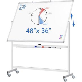 Large Rolling White Board, 48x36 in Double-Sided Mobile Whiteboard, maxtek Reversible Magnetic Dry Erase Board Easel Standing Whiteboard on Wheels Portable Board for Office Classroom and Home, Silver