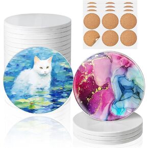 4.25 Inch Ceramic Tiles for Crafts, GOH DODD 24 Pack Glossy Glazed Blanks White Coasters with Unglazed Side and 24 Cork Backing Pads for Alcohol Ink, Painting, Sublimation, Heat Transfer, Square