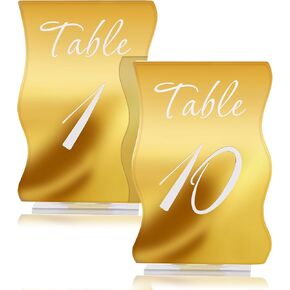 Gold Table Numbers 1-10 with Stands Holders 4.5"x6.7" Wave Elegant Wedding Acrylic Table Numbers Large Modern Mirror Table Number Signs for Party(Gold White Fonts,pack of 10)