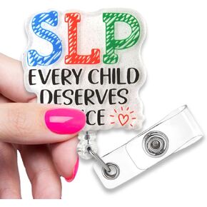 SLP Every Child Deserves A Voice Cute Glitter Badge Scroll, Retractable Nurse ID Office Work Card, Funny Badge Reels for Speech Therapists Speech Pathologists Mental Health Medical Assistants