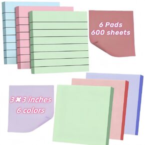 Sticky Notes and Lined Sticky Notes,6 Pads 600Sheets, Colorful Self-Stick Note Pads,Sticky Notes 3x3 Inches