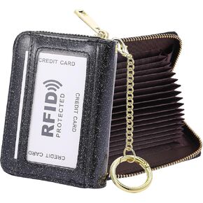 RFID Blocking Credit Card Holder, 20 Card Slots Large Capacity Accordion Card Wallet, Leather Card Case with Removable Keychain and ID Window - Oil Wax Leather,Black