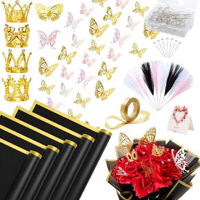 ZIFTY 120Pcs Bouquet Wrapping Paper Kit 20 Sheets Floral Wrapping Paper Bouquet in Black Gold with Ribbons, Flower Pins, 3D Butterflies & Crowns for Florist Wrap