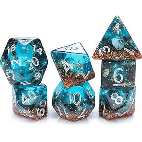 Inclusion Dice: Biome - Deep Sea - 7pc Set, Aquatic Blue, Sand & Conch Shell Inclusion, 7 Resin Dice for Role Playing Games