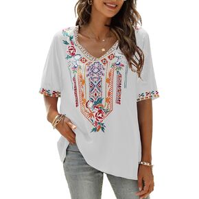 Women's Summer Embroidery Mexican Bohemian Cotton Tops Shirt Tunic Blouses