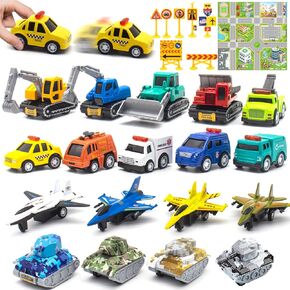 Mostop 18 PCS Die Cast Metal Pull Back Cars Kids Toys, Mini Vehicle Model Set for Kids Boys Girls, Pull Back Airplane Toy, Army Tank Toys, Construction Vehicles Toys Kids Party Favors, Cake Toppers