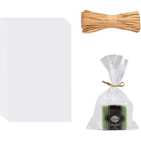 Miraclekoo 100pcs Clear Soap Bags for Soap Packaging 5x8 Inch Cellophane Bags with Raffia Rope Transparent Soap Wrappers for Homemade Soap Gift Birthday Party Favor Packaging