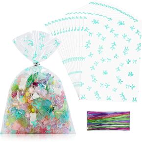 SOMIOCO Clear Gift Bags 6X11In 100PCS Cello Cellophane Treat Bags Party Favor Bags Clear Candy Cookie Bags Plastic Poly Goodie Bags with Twist Tie for Birthday,Baby shower,Wedding,party(Pink Bow)