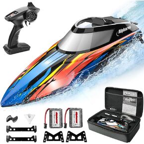 قارب ALPHAREV RC - R308 32+ KPH قارب سريع للتحكم عن بعد لحمام السباحة والبحيرة مع هيكل قارب سريع مغمور بالماء، حقيبة محمولة، ضبط ذاتي، عرض توضيحي بمفتاح واحد، قوارب سباق RC بتردد 2.4 جيجا هرتز للبالغين والأطفال