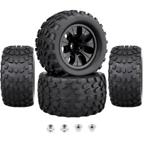HobbyPark 12mm Hex Wheels and Tires for 1/10 Scale Trucks Compatible with Traxxas Rustler Stampede Hoss 2wd 4x4 Vxl Brushless Redcat Volcano Pro (Pre-Glued-Black Rims)