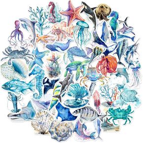 Amaxiu 50PCS Ocean Animals Stickers, Waterproof Adhesive Fish Decals Under The Sea Marine Life Stickers Ocean Stickers for Kids for Birthday Party Scrapbook Skateboard Phone Laptop