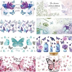 AFRITEE UV DTF Cup Wraps - 8 Sheets Purple Butterfly UV DTF Cup Wrap for 16 oz, Pink Aesthetic Fairy Flowers Cup Wraps Transfer Sticker, Blue Water Bottle Crafts Glass Cup Decoration Stickers