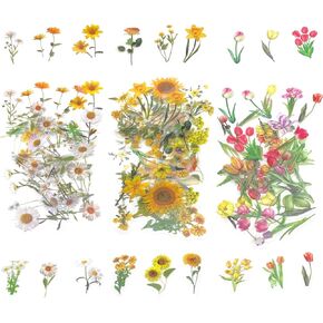 120PCS Flower Stickers for Scrapbooking,Transparent Pressed Scrapbook Crafts Stickers,Waterproof Floral Themed Adhesive Sticker for Junk Journal