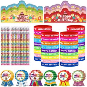 144 Pcs Birthday Pencils Set 36 Happy Birthday Pencils 36 Happy Birthday Rubber Bracelets 36 Happy Birthday Badge Stickers 36 Happy Birthday Crowns for Classroom Birthday Party Favors