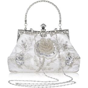 Women's Vintage Embroidery Evening Bag Beaded Sequin Clutch Rhinestone Clutch Purse Floral Embroidery Crossbody Bag
