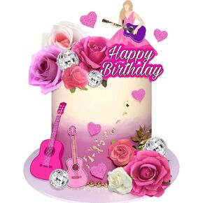 18 PCS Music Cake Toppers Pink Girl Birthday Cake Topper and Guitar Flower Cake Topper for Music Birthday Party Decorations Supplies
