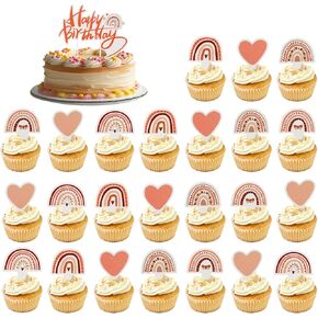 25 Pieces Boho Rainbow Party Cupcake Toppers Woodland Theme Baby Shower Decorations DIY Cake Insert Topper Cake Baking Decoration Multi Rainbow Adornment for Birthday Wedding Anniversary Party