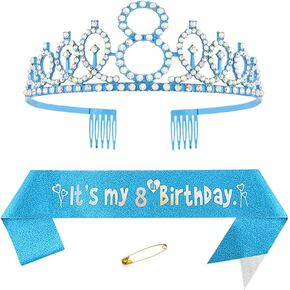 Blue 8th Birthday Sash for Girls Birthday Princess Crown Queen Tiara Rhinestone Birthday Headbands Birthday Girl Sash Happy Birthday Decorations for Girls 8 Year Old Birthday Party Supplies