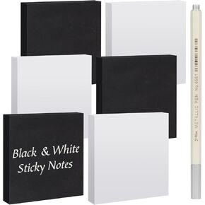 NatureTouch Black&White Sticky Notes 3x3 Inches with Silver Gel Pen, 600 Sheets Self-Stick Pads, 6 Pads Aesthetic Sticky Notes Easy to Post for Home, School, Office Supplies