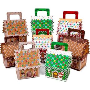 HOWAF 24Pcs Christmas Kraft Paper Gift Boxes, Candy House Shape Treat Boxes with Handle Xmas Gingerbread House Candy Boxes for Christmas Birthday Winter Holiday Party Supplies Favor Decorations
