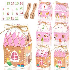 24Pcs Small Pink Christmas Party Favor Boxes Gingerbread House Paper Gift Boxes Pink White Snowflake Hanging Ball Xmas Candy Cane Printed Cookie Boxes for Xmas Party Supplies
