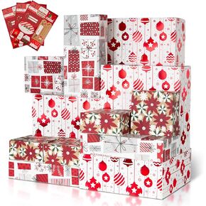 12Pcs Red Foil Christmas Floral Gift Box with Stickers Bulk, Candy Cane Deep Robe Shirt Box w/Lid Tags for Small Present Cosmetic Glove Scarf, Assorted Design, Shape Sizes L,M,S, Soft Gift Wrapping Packaging Box