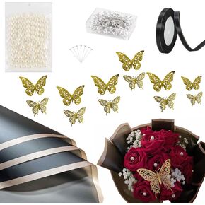 20 Sheets Black Flower Wrapping Paper with 24pcs 3D Gold Butterfly , 50 pearl pins ，100pcs white pearl and 24 Yards Ribbon , Waterproof floral bouquets wrapping paper for DIY Craft Gift Wedding Birthday