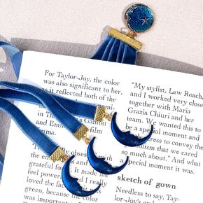 Velvet Ribbon Bookmark, Retro Magical Sun and Moon Theme Metal Pendant, 14 Inches Page Markers with 5 String for Office School Home Reading Books, Blue