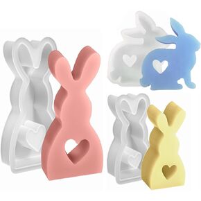 3Pcs Easter Bunny Candle Molds Heart Rabbit Gypsum Mold Easter Silicone Mold for Epoxy Resin, Soy Wax Candle, Soap, Plaster Ornament, DIY Crafts (E)
