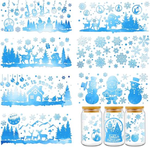UV DTF Cup Wrap - 8 Sheets Winter UV DTF Cup Wraps for 16 oz Snowflake Snowman UV DTF Decals Blue Holiday Christmas Rub on Transfer Stickers for Glass Cups DIY Wood Crafts in Saudi Arabia