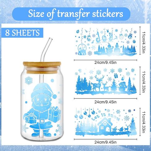 UV DTF Cup Wrap - 8 Sheets Winter UV DTF Cup Wraps for 16 oz Snowflake Snowman UV DTF Decals Blue Holiday Christmas Rub on Transfer Stickers for Glass Cups DIY Wood Crafts in Saudi Arabia