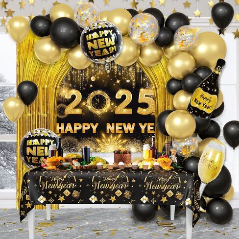 78Pcs Black and Gold New Years Decorations 2025 Happy New Year Decorations Kit New Year Banner, New Year Balloon Arch and Gold Foil Fringe Curtain for 2025 New Years Eve Party Supplies in Saudi Arabia