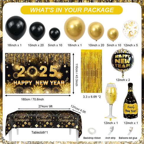 78Pcs Black and Gold New Years Decorations 2025 Happy New Year Decorations Kit New Year Banner, New Year Balloon Arch and Gold Foil Fringe Curtain for 2025 New Years Eve Party Supplies in Saudi Arabia