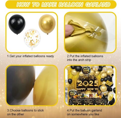 78Pcs Black and Gold New Years Decorations 2025 Happy New Year Decorations Kit New Year Banner, New Year Balloon Arch and Gold Foil Fringe Curtain for 2025 New Years Eve Party Supplies in Saudi Arabia