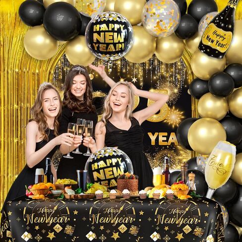 78Pcs Black and Gold New Years Decorations 2025 Happy New Year Decorations Kit New Year Banner, New Year Balloon Arch and Gold Foil Fringe Curtain for 2025 New Years Eve Party Supplies in Saudi Arabia