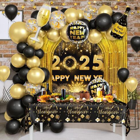 78Pcs Black and Gold New Years Decorations 2025 Happy New Year Decorations Kit New Year Banner, New Year Balloon Arch and Gold Foil Fringe Curtain for 2025 New Years Eve Party Supplies in Saudi Arabia