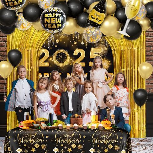 78Pcs Black and Gold New Years Decorations 2025 Happy New Year Decorations Kit New Year Banner, New Year Balloon Arch and Gold Foil Fringe Curtain for 2025 New Years Eve Party Supplies in Saudi Arabia