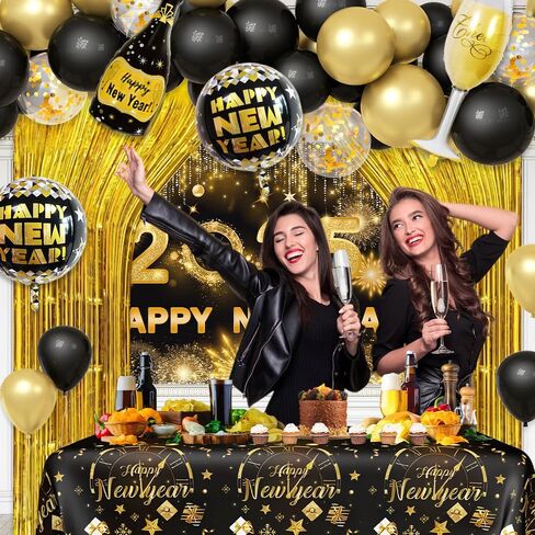 78Pcs Black and Gold New Years Decorations 2025 Happy New Year Decorations Kit New Year Banner, New Year Balloon Arch and Gold Foil Fringe Curtain for 2025 New Years Eve Party Supplies in Saudi Arabia
