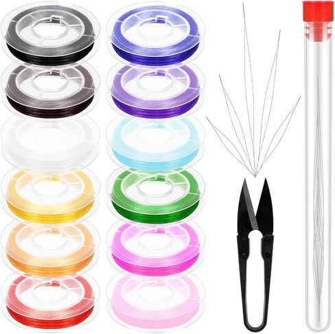 Swpeet 15Pcs 6 Rolls 0.4mm 0.5mm 0.6mm 0.7mm 0.8mm 1mm Colorful Elastic Stretch Thread and 125mm Beading Needles with U Scissor Assortment Kit, Beading String Clear Stretch Cord Thread for Jewelry in Saudi Arabia