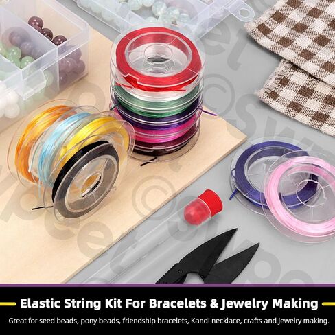 Swpeet 15Pcs 6 Rolls 0.4mm 0.5mm 0.6mm 0.7mm 0.8mm 1mm Colorful Elastic Stretch Thread and 125mm Beading Needles with U Scissor Assortment Kit, Beading String Clear Stretch Cord Thread for Jewelry in Saudi Arabia