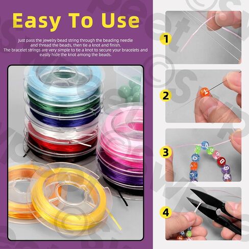 Swpeet 15Pcs 6 Rolls 0.4mm 0.5mm 0.6mm 0.7mm 0.8mm 1mm Colorful Elastic Stretch Thread and 125mm Beading Needles with U Scissor Assortment Kit, Beading String Clear Stretch Cord Thread for Jewelry in Saudi Arabia