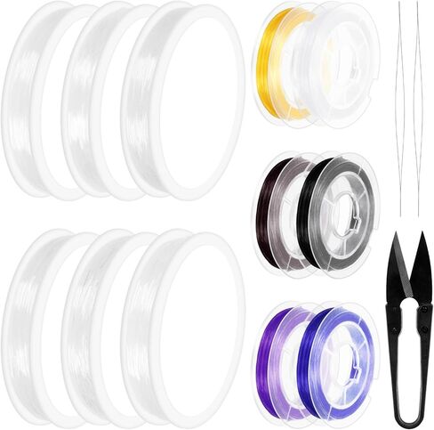 Swpeet 15Pcs 6 Rolls 0.4mm 0.5mm 0.6mm 0.7mm 0.8mm 1mm Colorful Elastic Stretch Thread and 125mm Beading Needles with U Scissor Assortment Kit, Beading String Clear Stretch Cord Thread for Jewelry in Saudi Arabia