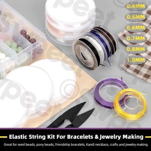 Swpeet 15Pcs 6 Rolls 0.4mm 0.5mm 0.6mm 0.7mm 0.8mm 1mm Colorful Elastic Stretch Thread and 125mm Beading Needles with U Scissor Assortment Kit, Beading String Clear Stretch Cord Thread for Jewelry in Saudi Arabia
