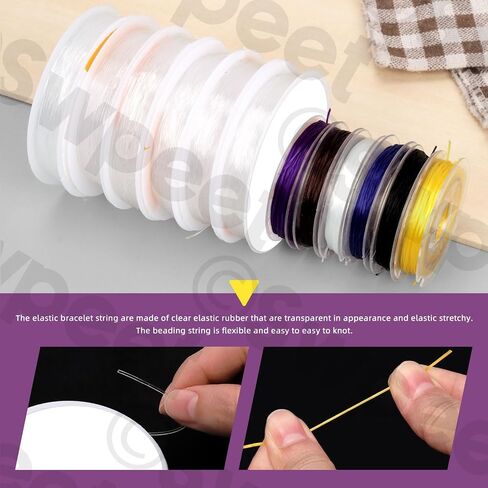 Swpeet 15Pcs 6 Rolls 0.4mm 0.5mm 0.6mm 0.7mm 0.8mm 1mm Colorful Elastic Stretch Thread and 125mm Beading Needles with U Scissor Assortment Kit, Beading String Clear Stretch Cord Thread for Jewelry in Saudi Arabia