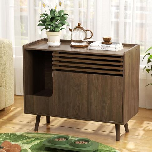 حاوية صندوق فضلات القطط، أثاث صندوق فضلات مخفي حديث من منتصف القرن مع وسادة خدش للقطط، خزانة صندوق فضلات قابلة للفتح لأسفل وطاولة نهاية حمام القطط، بني in Kuwait