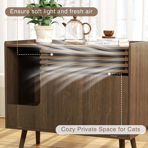 حاوية صندوق فضلات القطط، أثاث صندوق فضلات مخفي حديث من منتصف القرن مع وسادة خدش للقطط، خزانة صندوق فضلات قابلة للفتح لأسفل وطاولة نهاية حمام القطط، بني in Kuwait