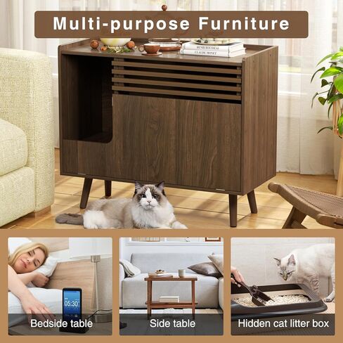 حاوية صندوق فضلات القطط، أثاث صندوق فضلات مخفي حديث من منتصف القرن مع وسادة خدش للقطط، خزانة صندوق فضلات قابلة للفتح لأسفل وطاولة نهاية حمام القطط، بني in Kuwait