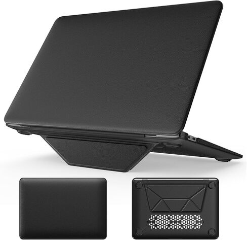 حافظة KEROM لجهاز MacBook Air 13 بوصة 2022-2018 M1 A2337 A2179 A1932، حافظة MacBook Air M1، غطاء حماية صلب من جلد البولي يوريثان مع حامل قابل للطي وغطاء لوحة مفاتيح لجهاز Mac Air 13 M1، أسود in Kuwait