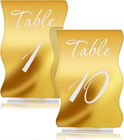 Gold Table Numbers 1-10 with Stands Holders 4.5"x6.7" Wave Elegant Wedding Acrylic Table Numbers Large Modern Mirror Table Number Signs for Party(Gold White Fonts,pack of 10) in Saudi Arabia